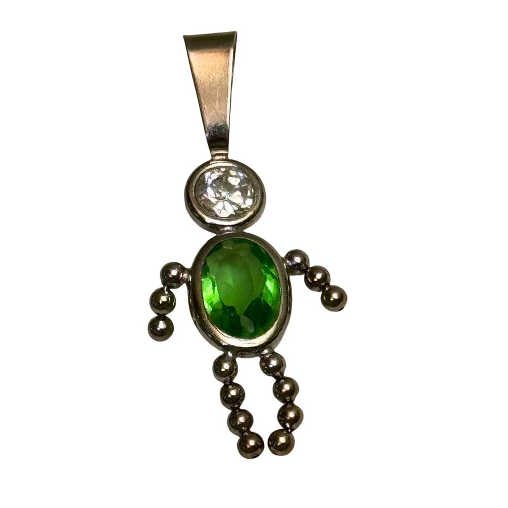 14k White Gold Pendant With CZ & Green August or May Charm Boy Oval Necklace Mom